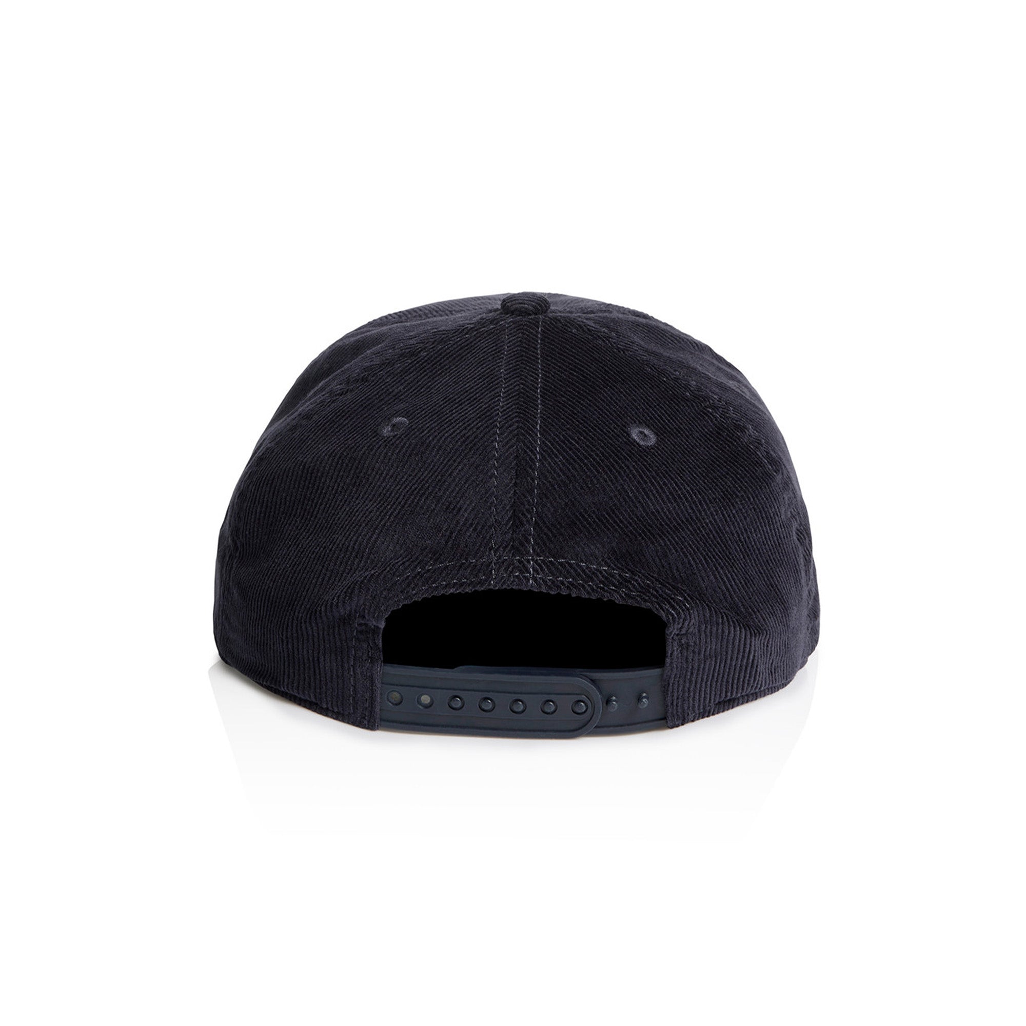 Back view of navy blue corduroy hat with snapback closure
