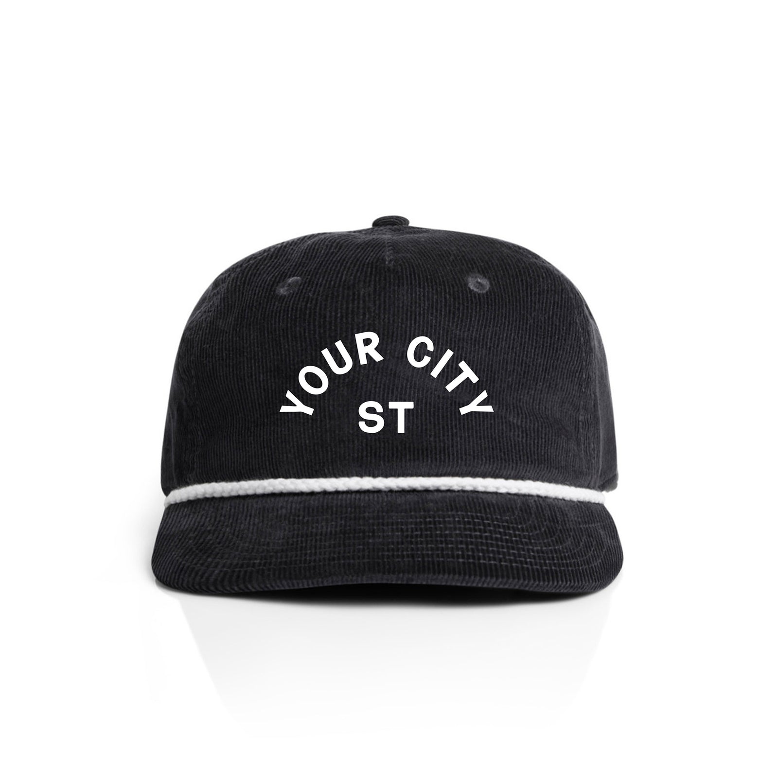 Customizable black corduroy cap with 'YOUR CITY STATE' text on a white background