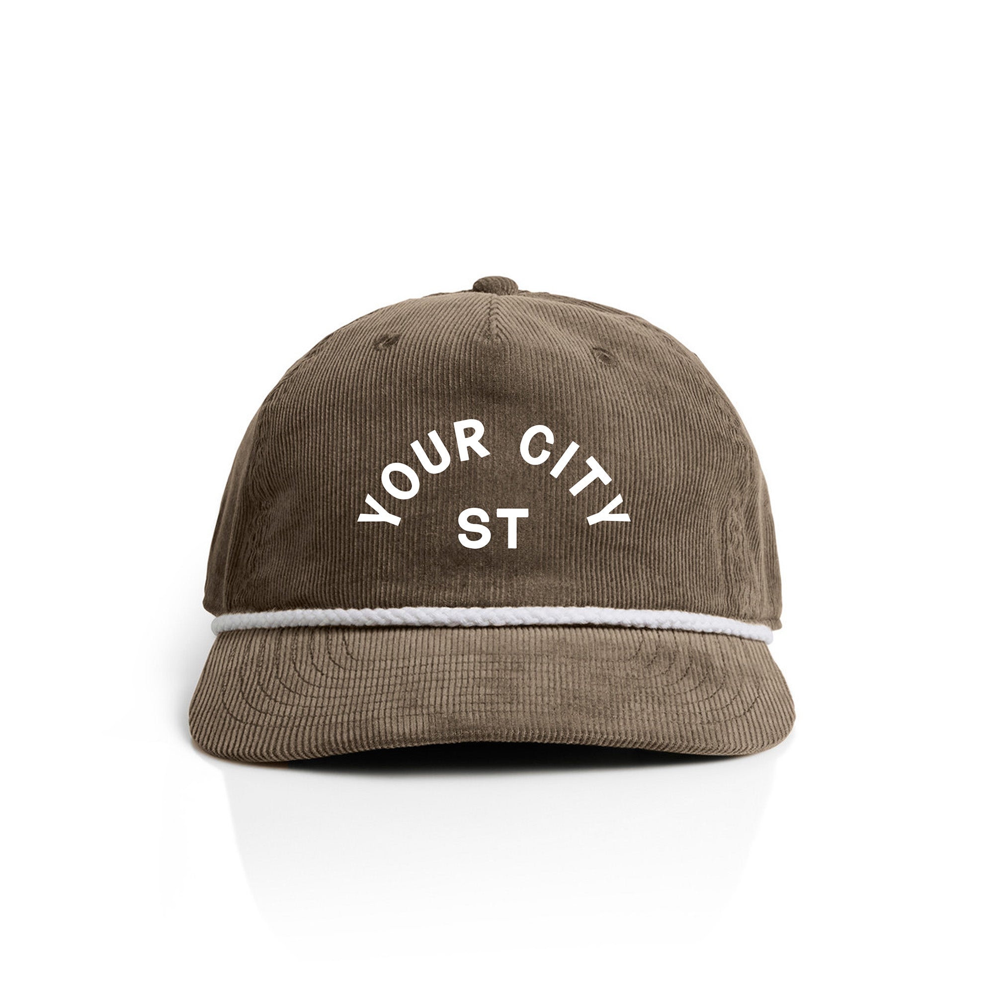 Customizable brown corduroy cap with 'YOUR CITY STATE' text on a white background