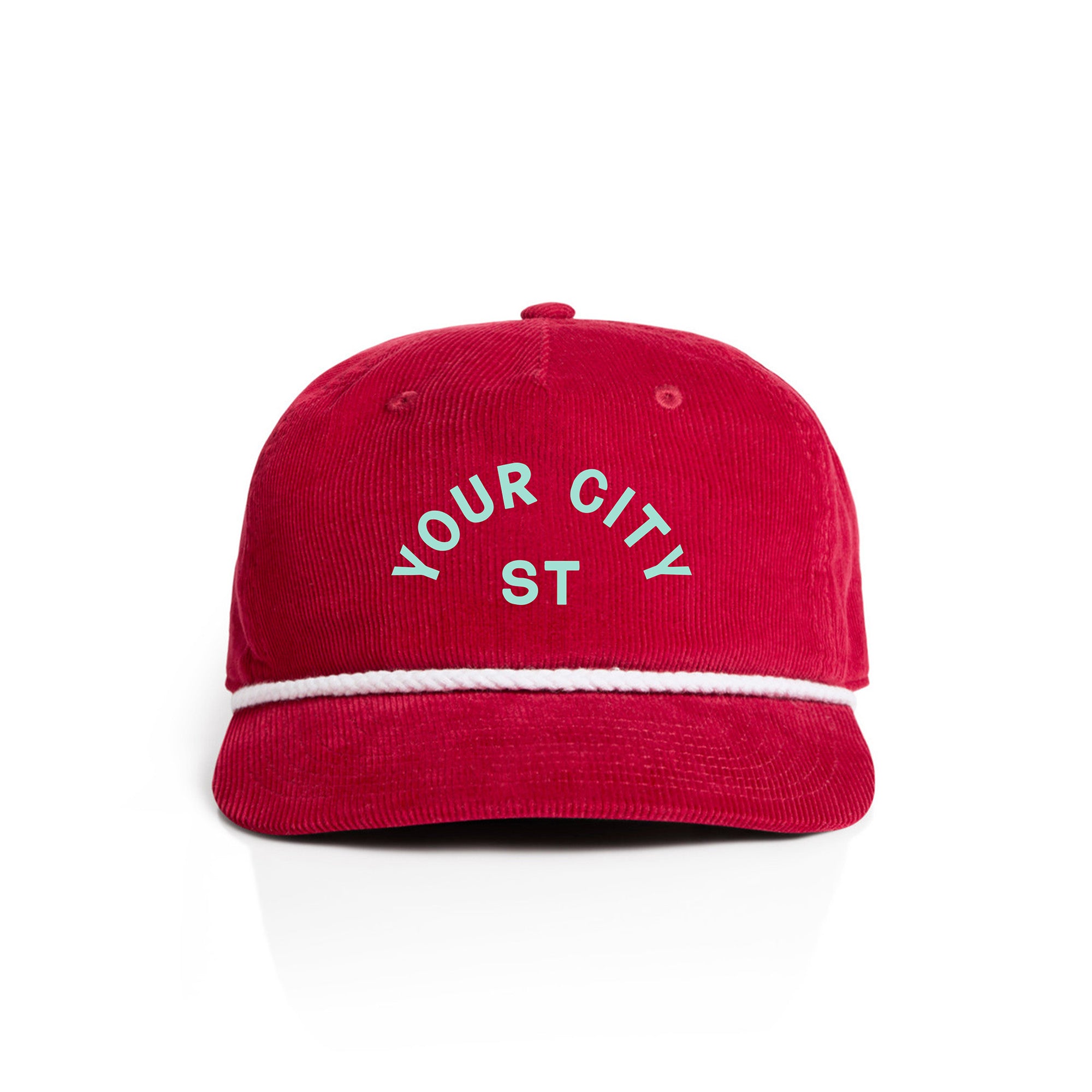 Customizable red corduroy cap with 'YOUR CITY STATE' text on a white background