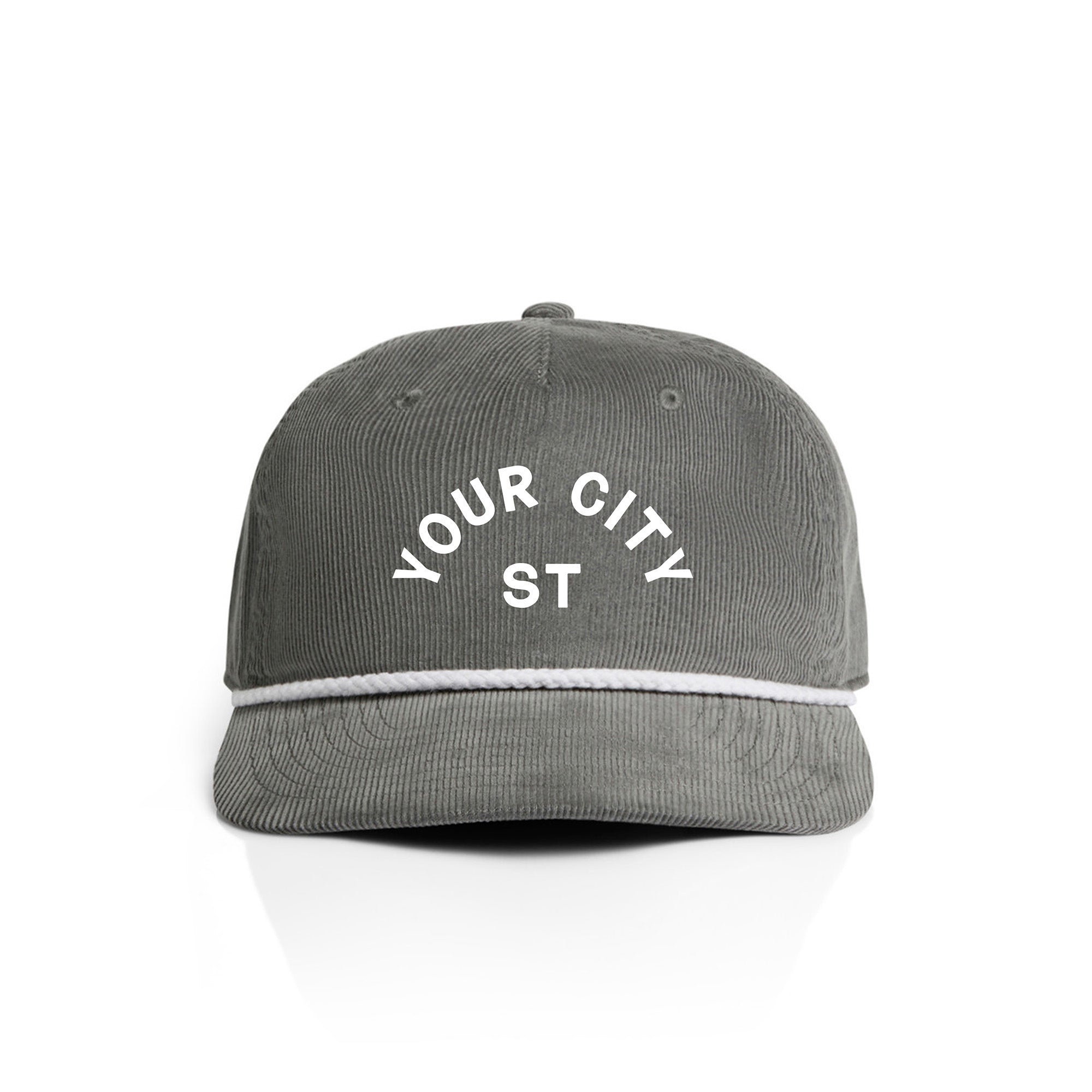 Customizable gray corduroy cap with 'YOUR CITY STATE' text on a white background