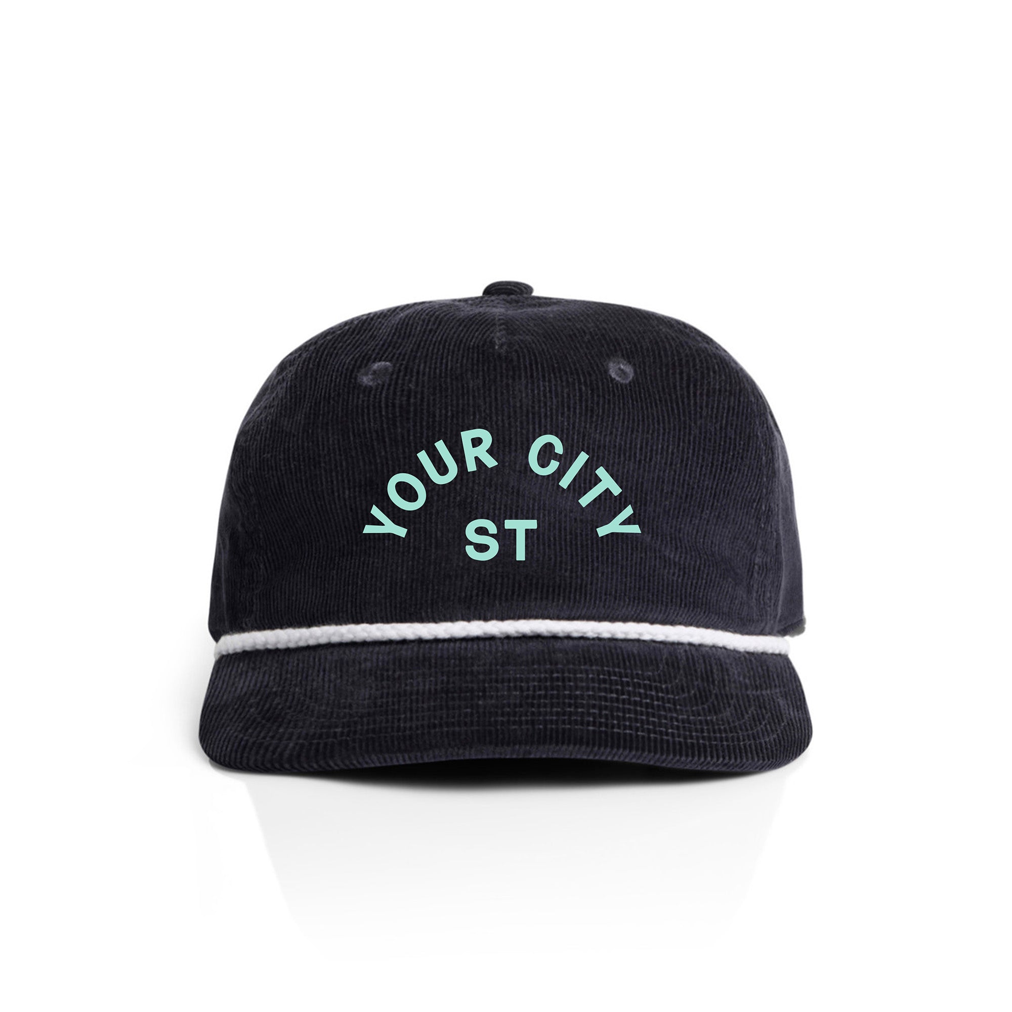 Customizable navy corduroy cap with 'YOUR CITY STATE' text on a white background