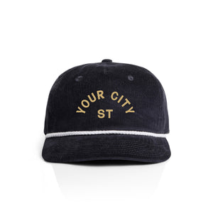 Customizable navy corduroy cap with 'YOUR CITY STATE' text on a white background