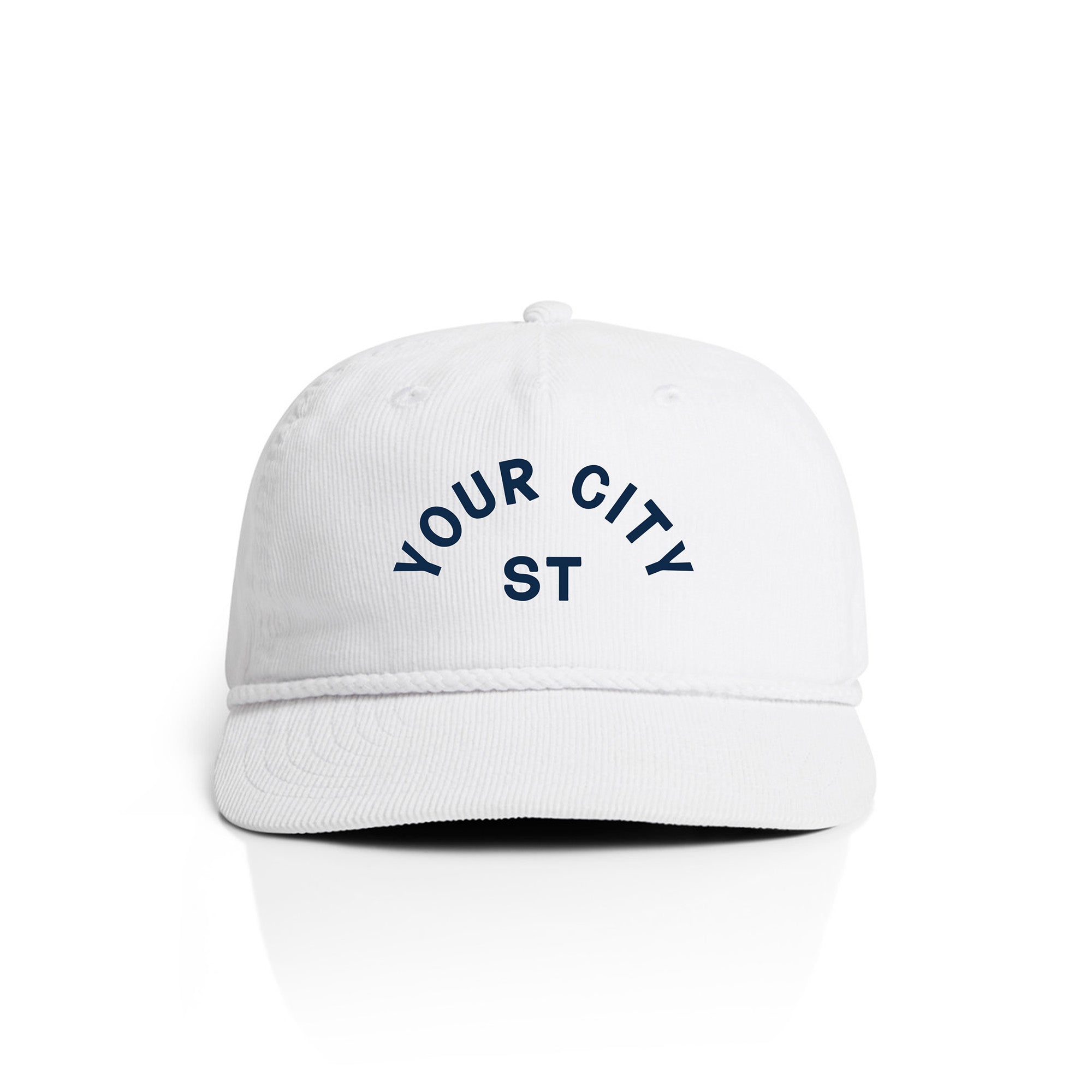 Customizable white corduroy cap with 'YOUR CITY STATE' text on a white background