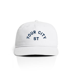 Customizable white corduroy cap with 'YOUR CITY STATE' text on a white background