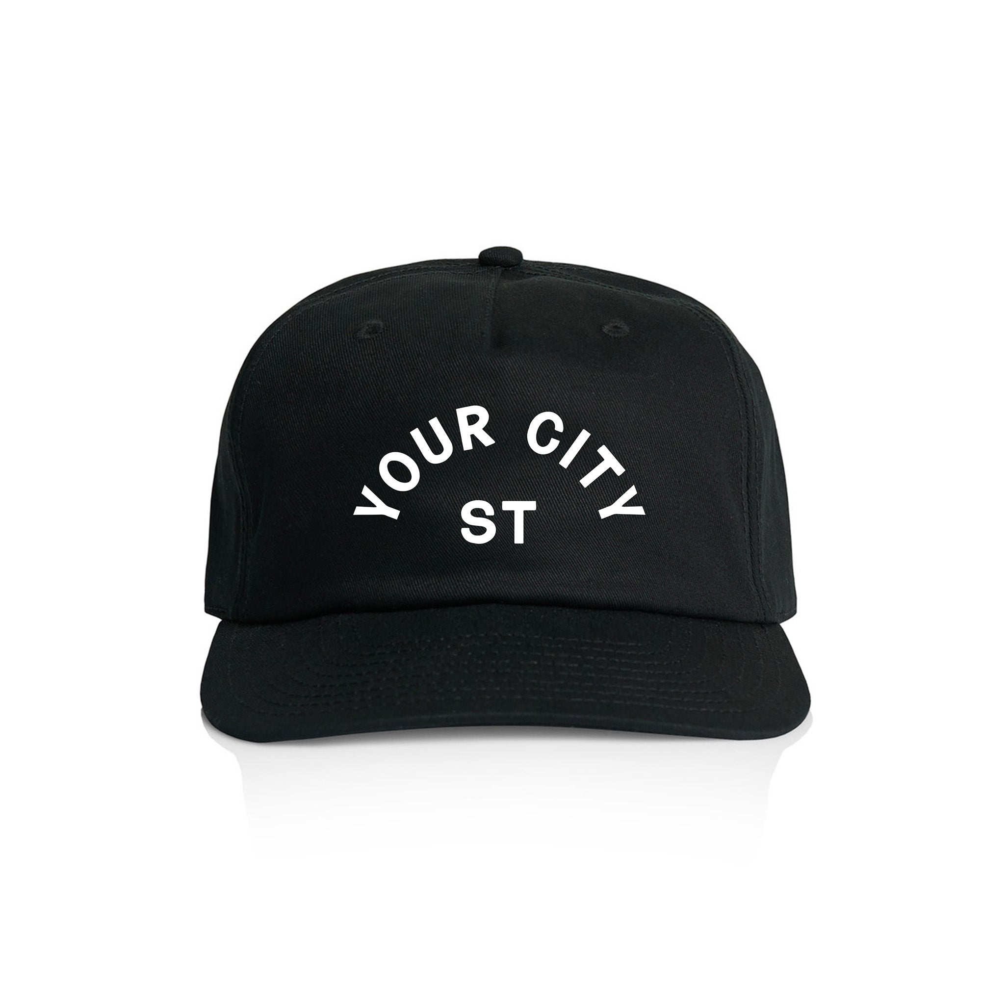 Customizable black cap with 'YOUR CITY STATE' text on a white background
