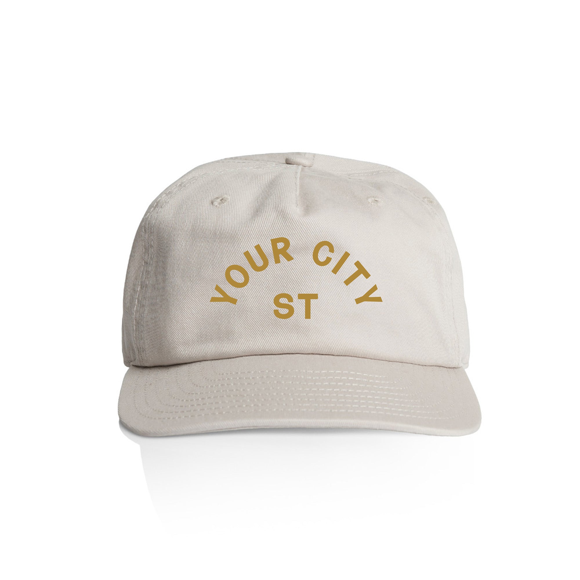 Customizable off white cap with 'YOUR CITY STATE' yellow text on a white background
