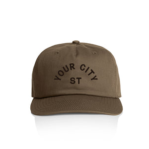 Customizable brown cap with 'YOUR CITY STATE' dark brown text on a white background