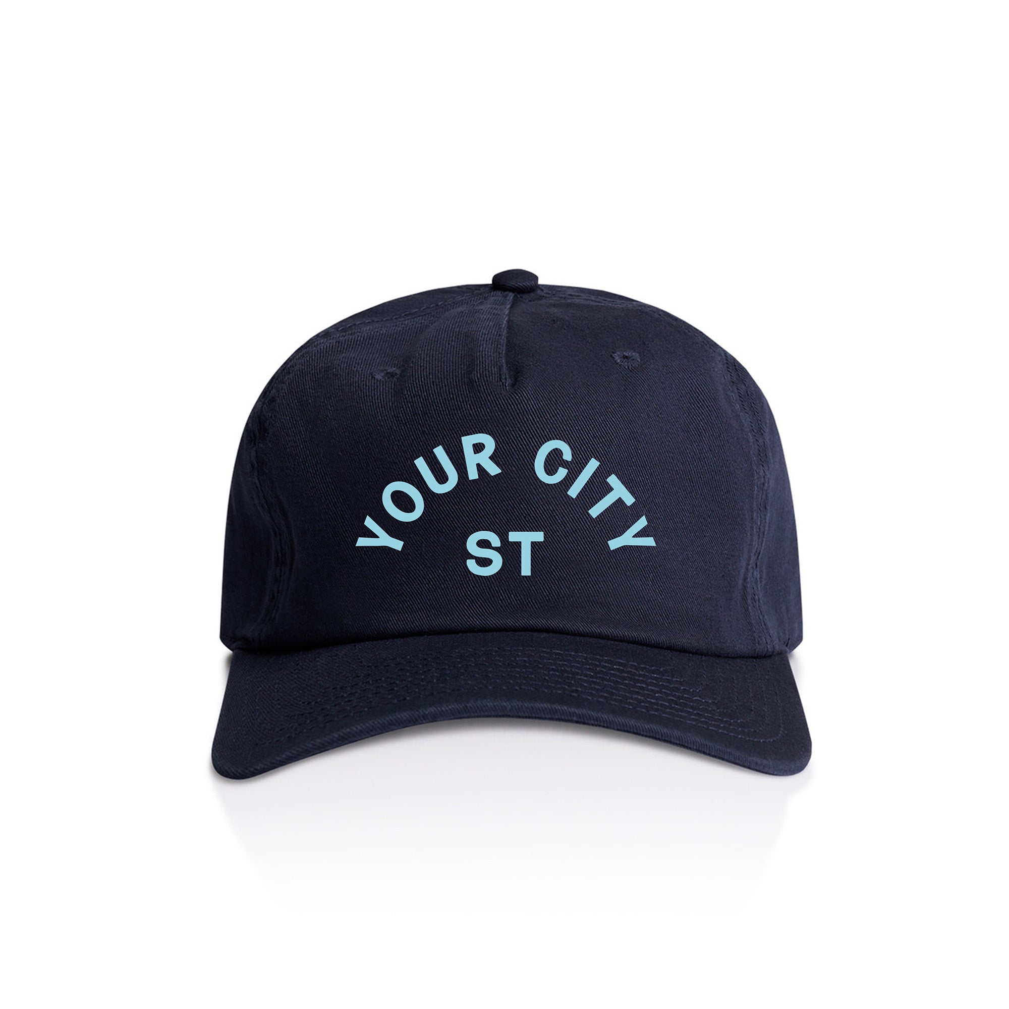 Customizable navy blue cap with 'YOUR CITY STATE' text on a white background