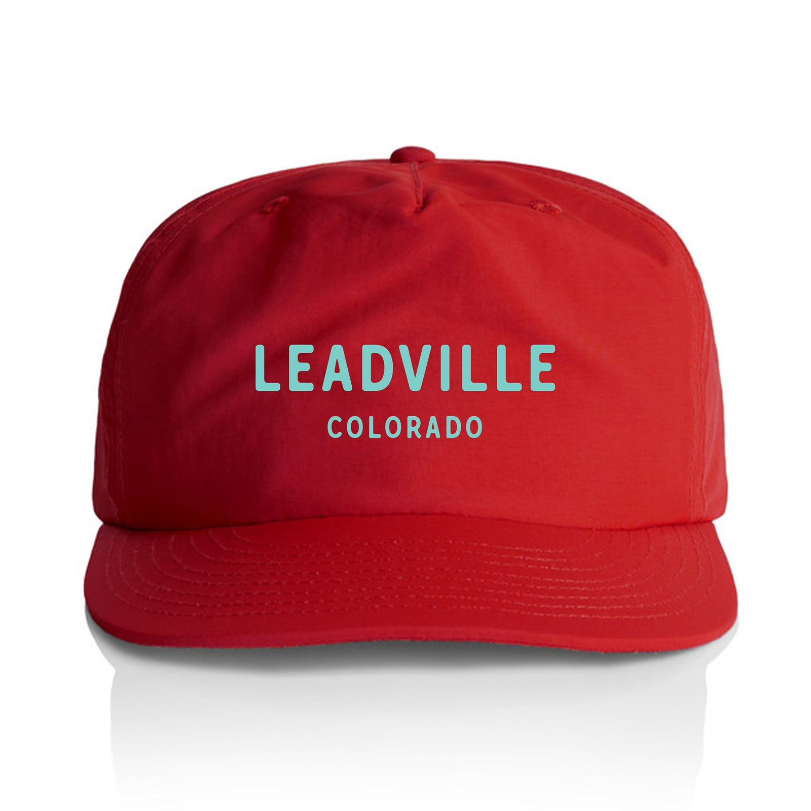 Customizable red nylon cap with 'Leadville Colorado' text on a white background. 