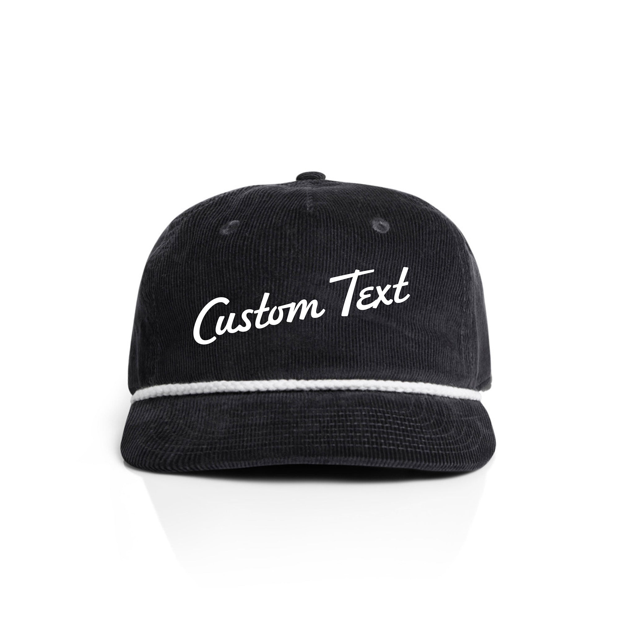 Black corduroy cap with 'Custom Text' on a white background