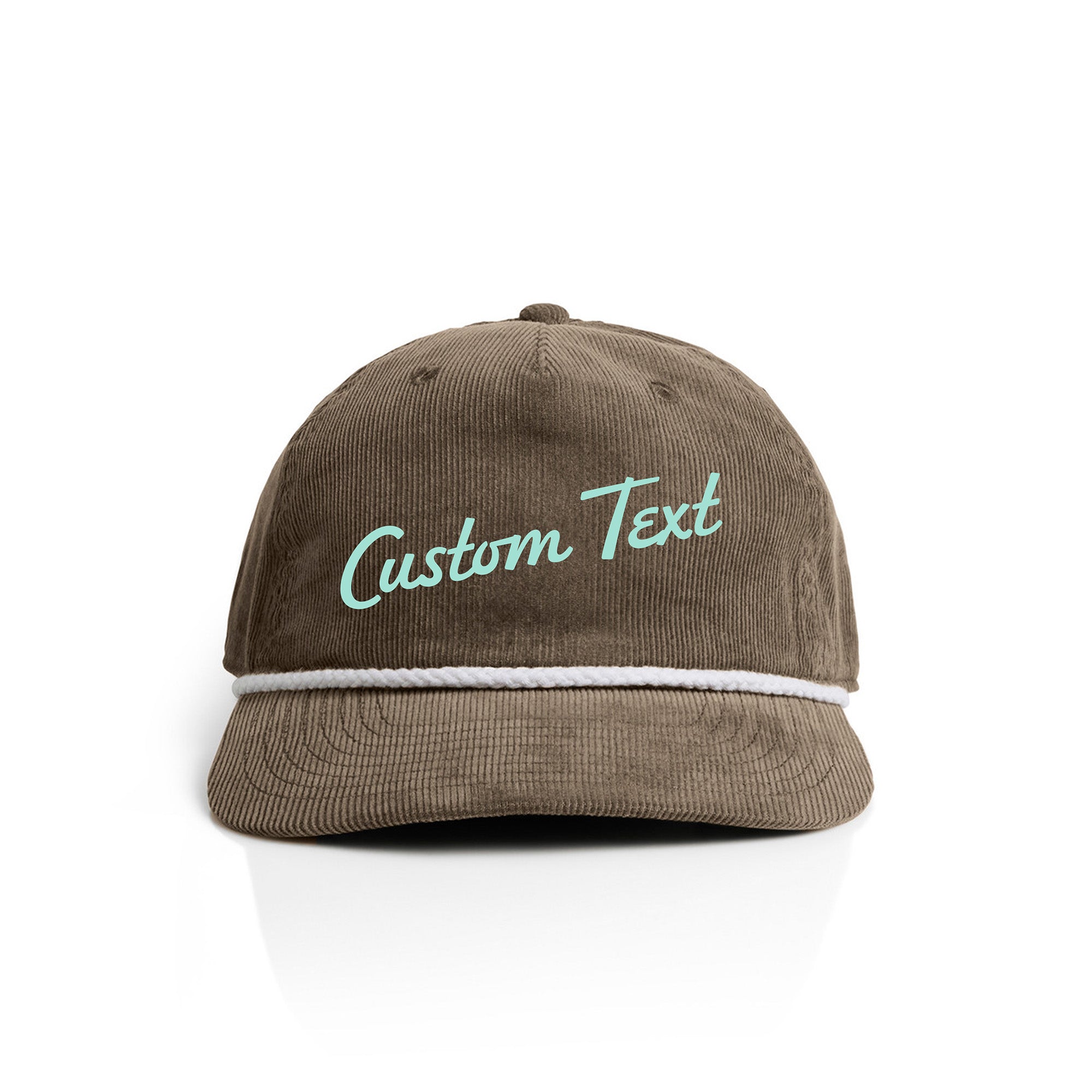 brown corduroy cap with 'Custom Text' in seaglass on a white background