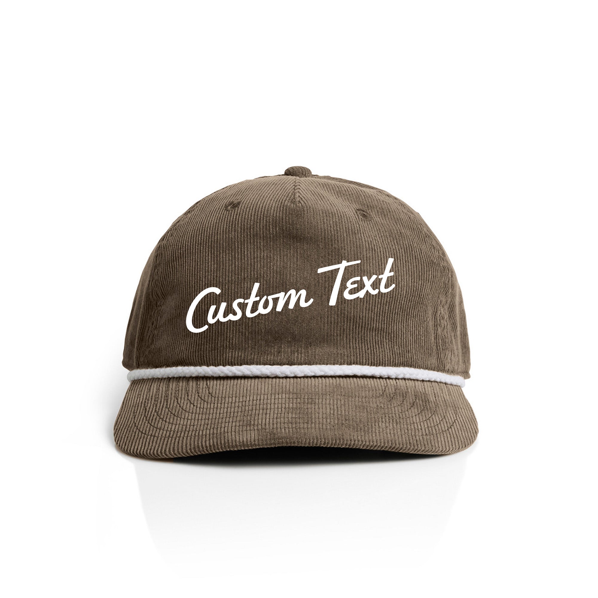 Brown corduroy cap with 'Custom Text' on a white background