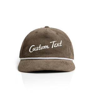 Brown corduroy cap with 'Custom Text' on a white background
