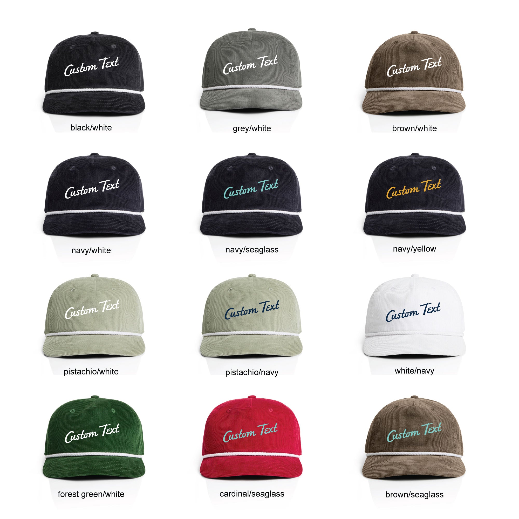 Collection of customizable corduroy snapback caps in various colors with text on a white background