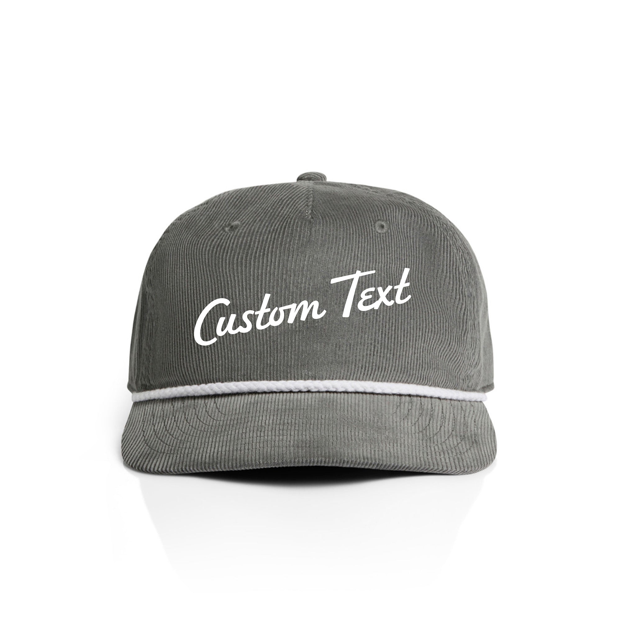 Gray corduroy cap with 'Custom Text' on a white background