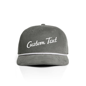 Gray corduroy cap with 'Custom Text' on a white background