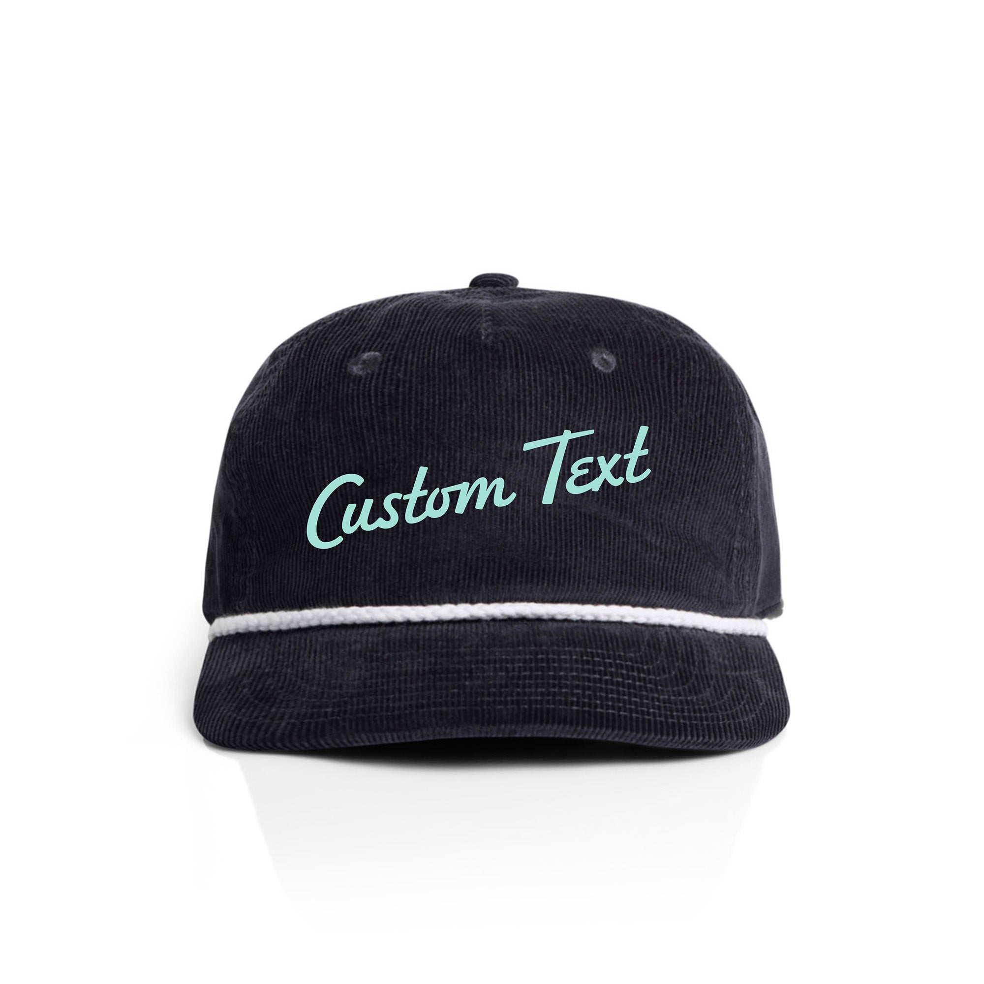 Navy corduroy cap with 'Custom Text' in seaglass on a white background