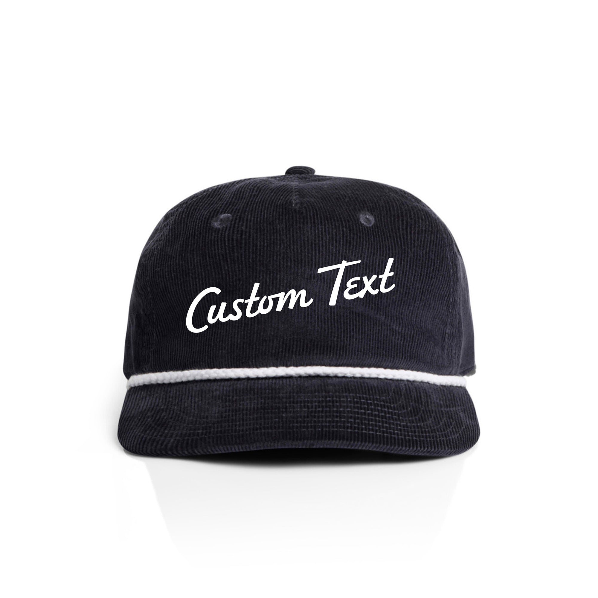 Navy corduroy cap with 'Custom Text' on a white background