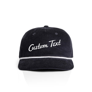 Navy corduroy cap with 'Custom Text' on a white background