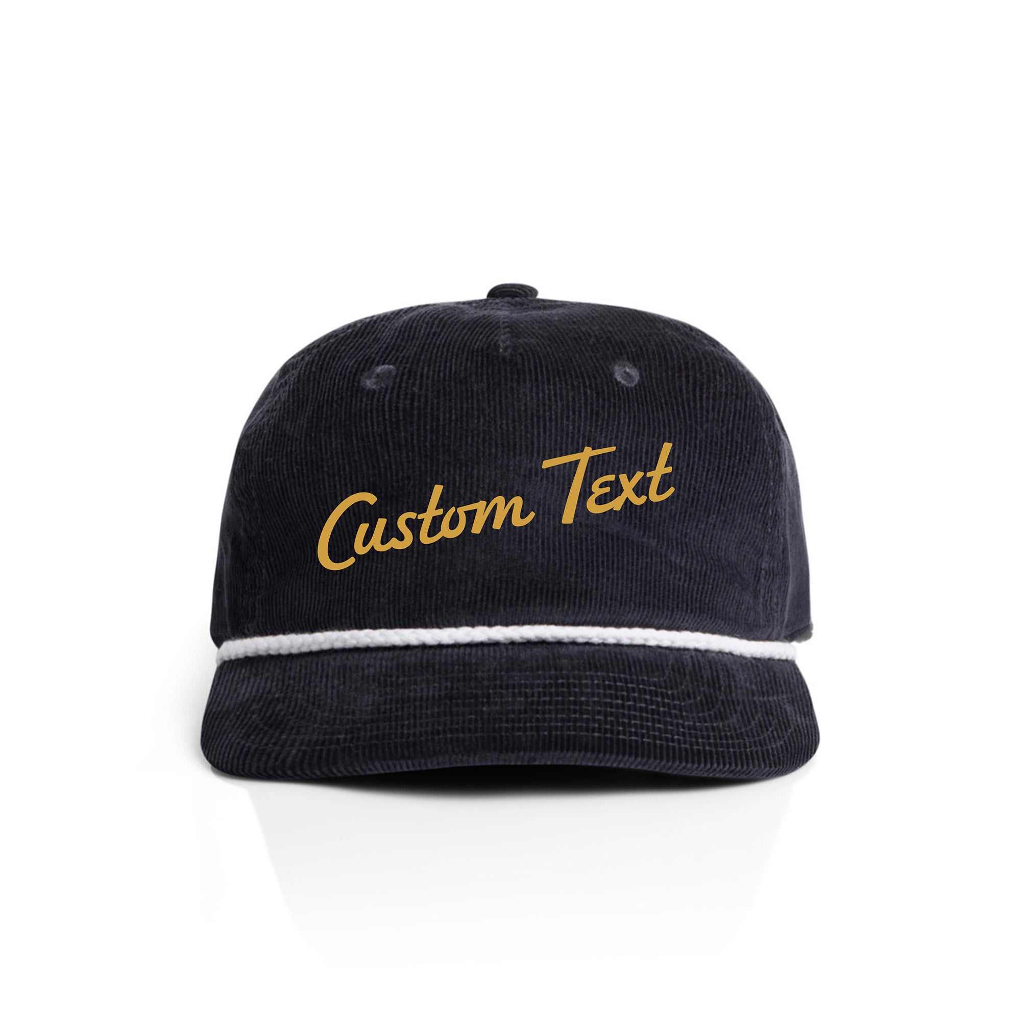 Navy corduroy cap with 'Custom Text' in yellow on a white background