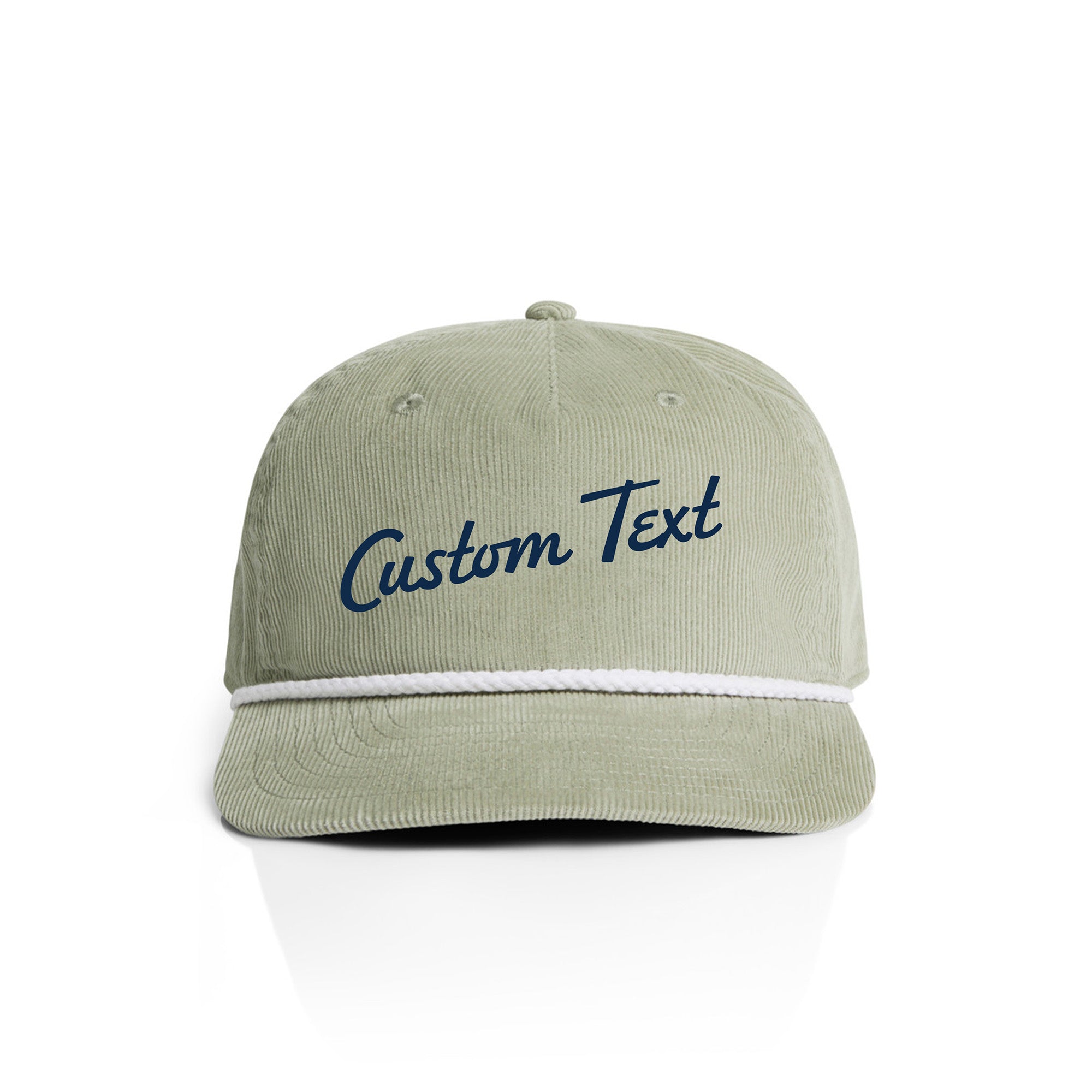 Pistachio green corduroy cap with 'Custom Text' in navy on a white background