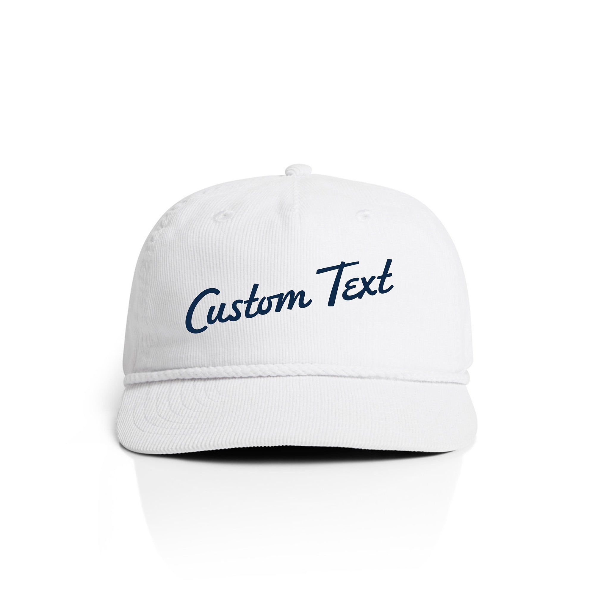 white corduroy cap with 'Custom Text' in navy on a white background
