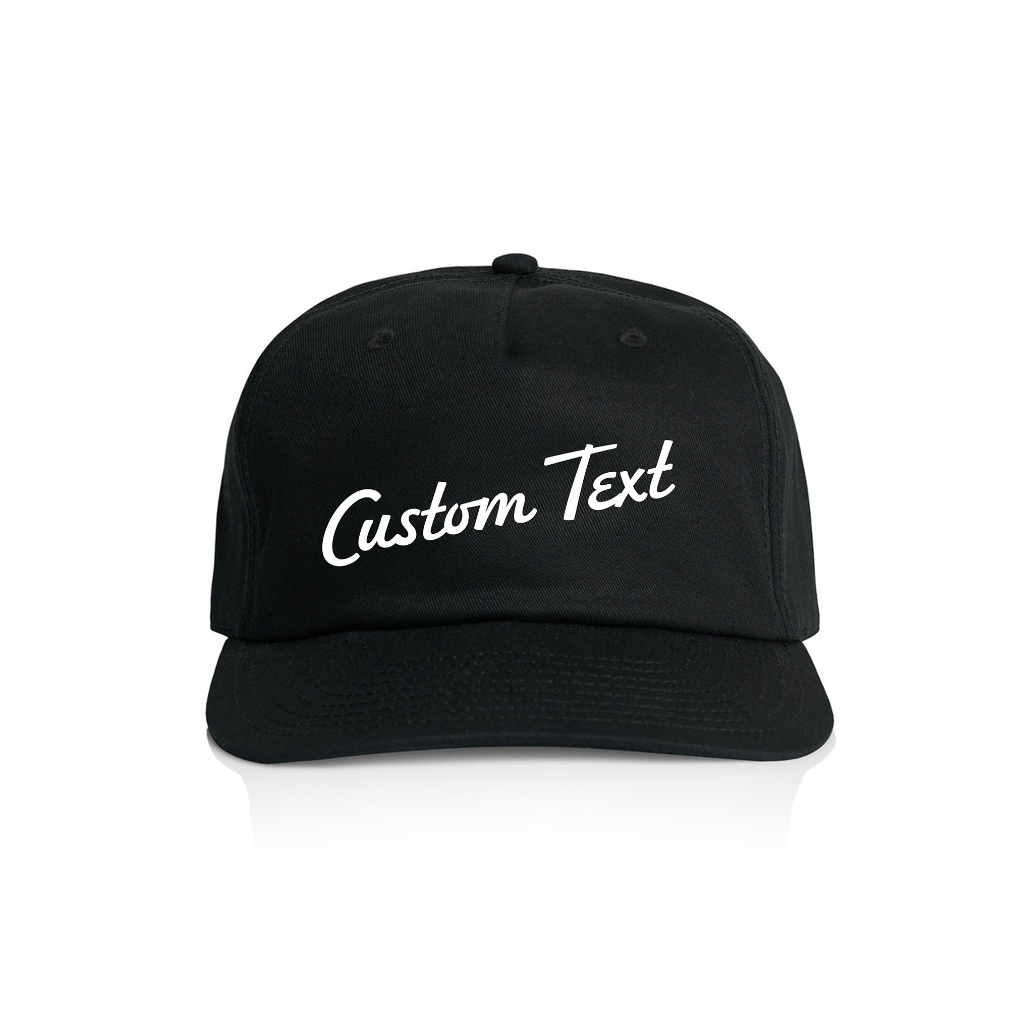 Customizable black cap with 'Custom Text' in white on a white background