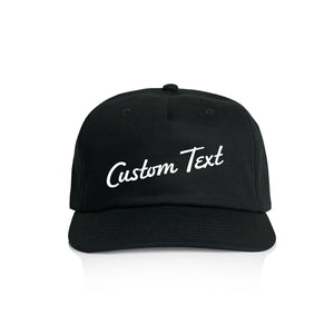 Customizable black cap with 'Custom Text' in white on a white background