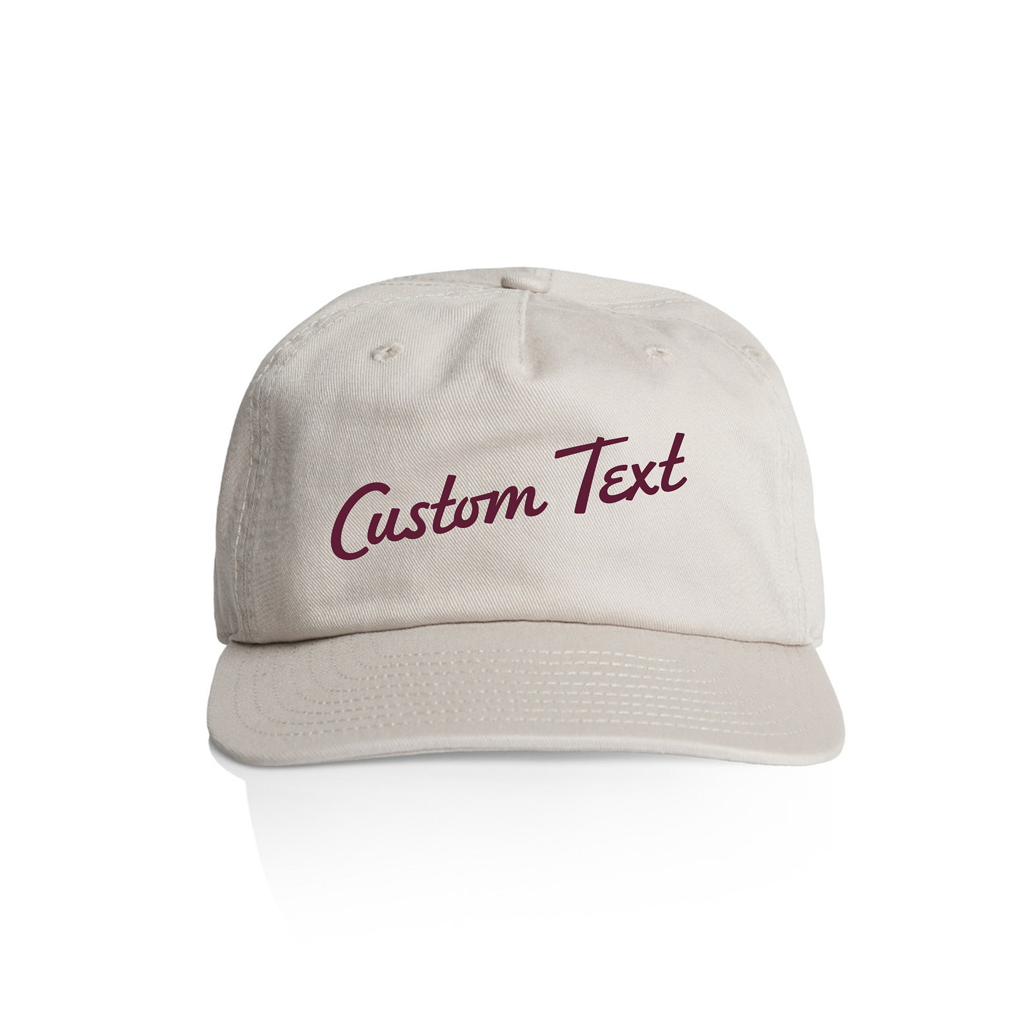 Customizable off white cap with 'Custom Text' in burgundy on a white background