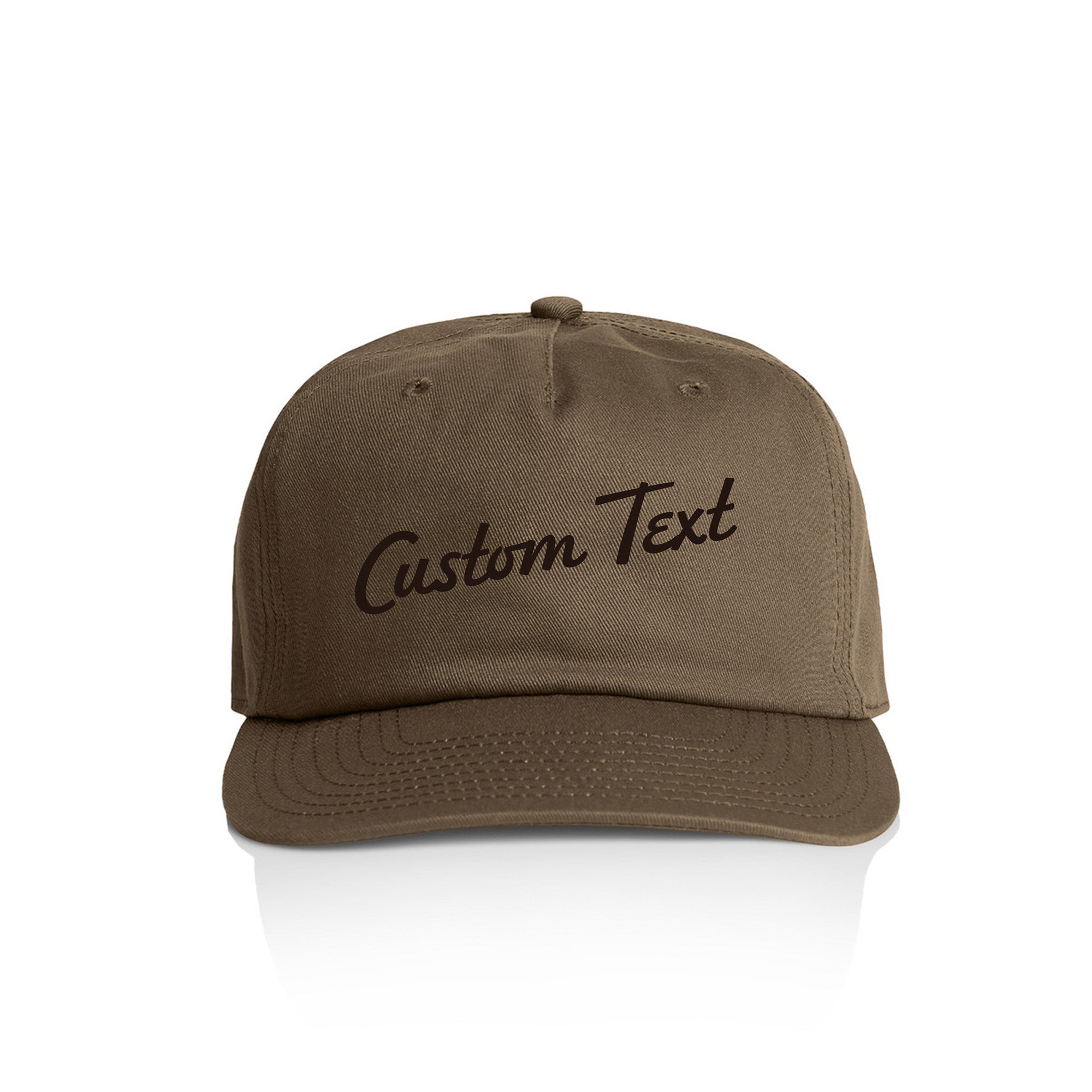 Customizable brown cap with 'Custom Text' in dark brown on a white background