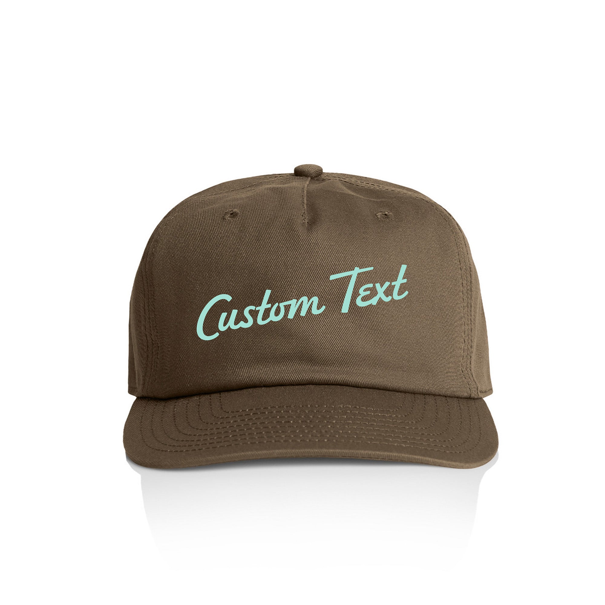 Customizable brown cap with 'Custom Text' in seaglass on a white background