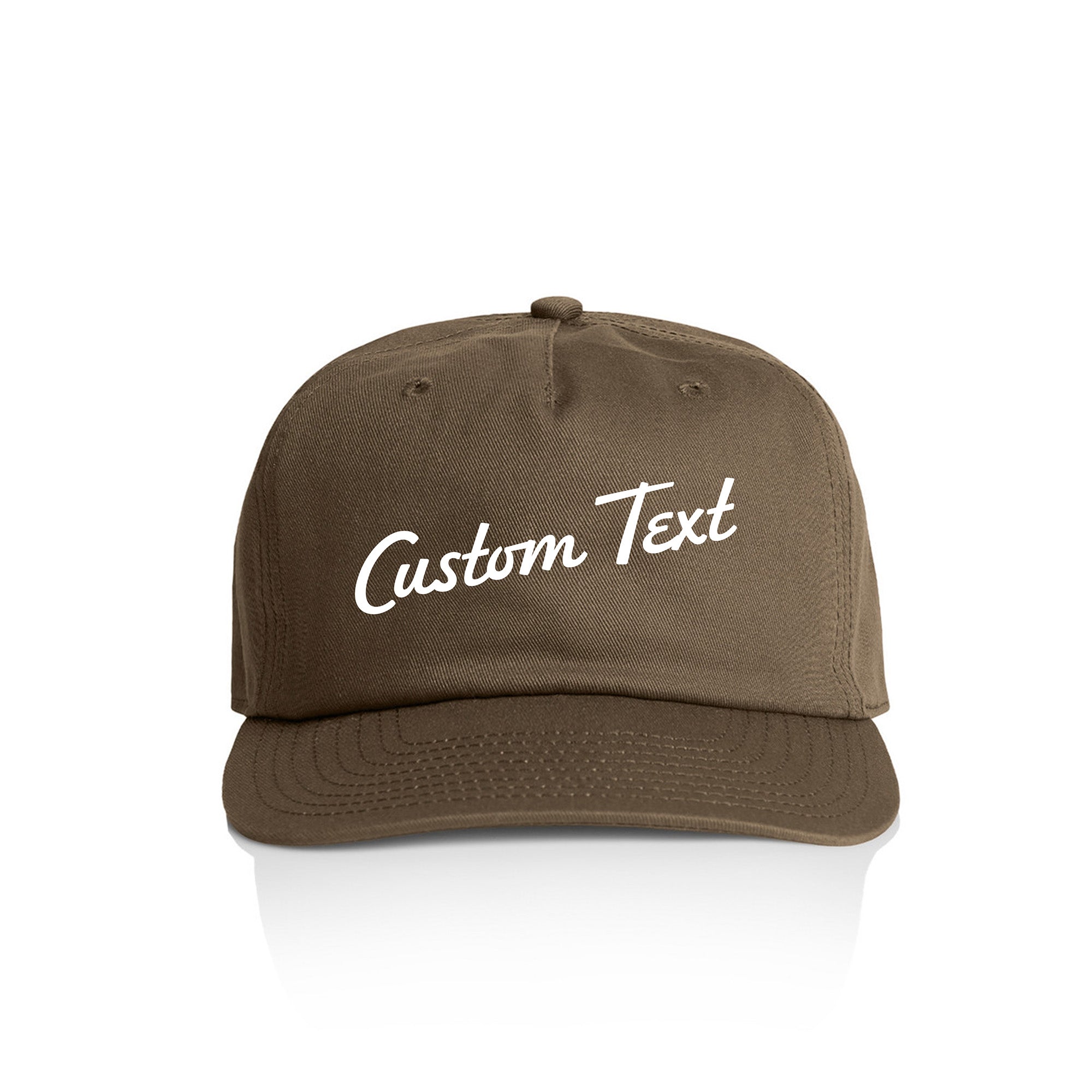 Customizable brown cap with 'Custom Text' in white on a white background