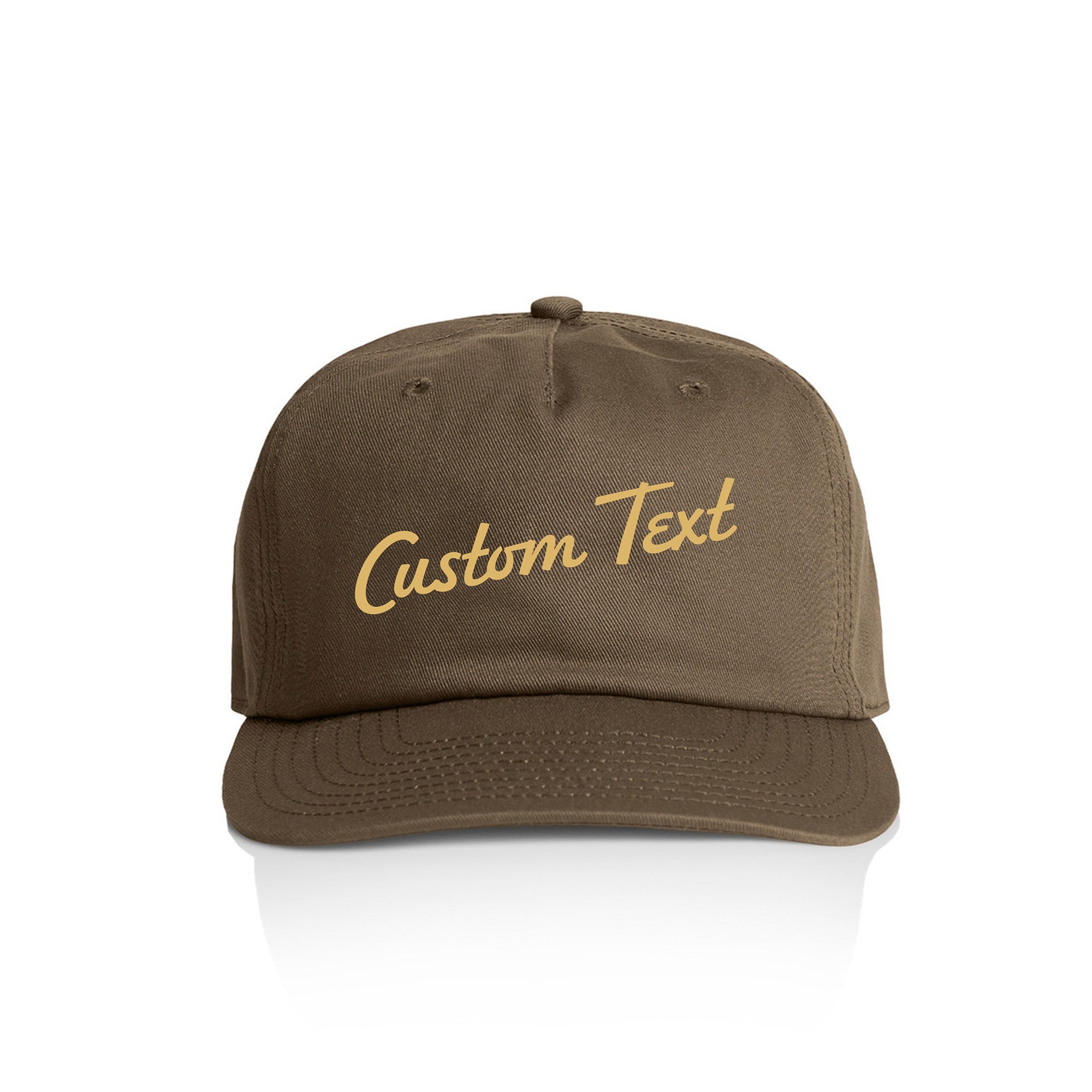Customizable brown cap with 'Custom Text' in yellow on a white background