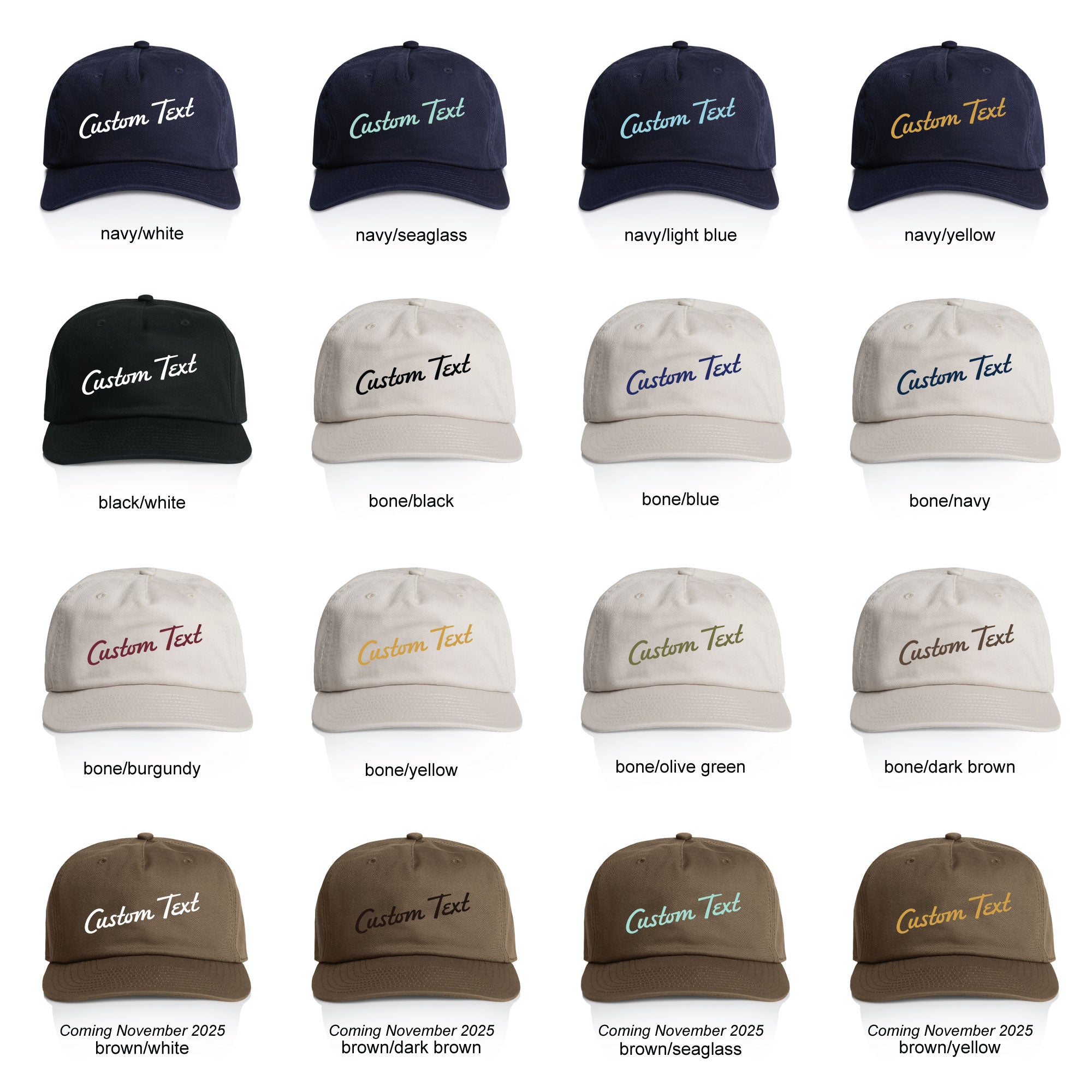 Collection of customizable baseball caps in various colors and text styles.