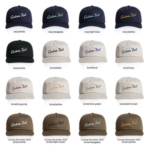 Collection of customizable baseball caps in various colors and text styles.
