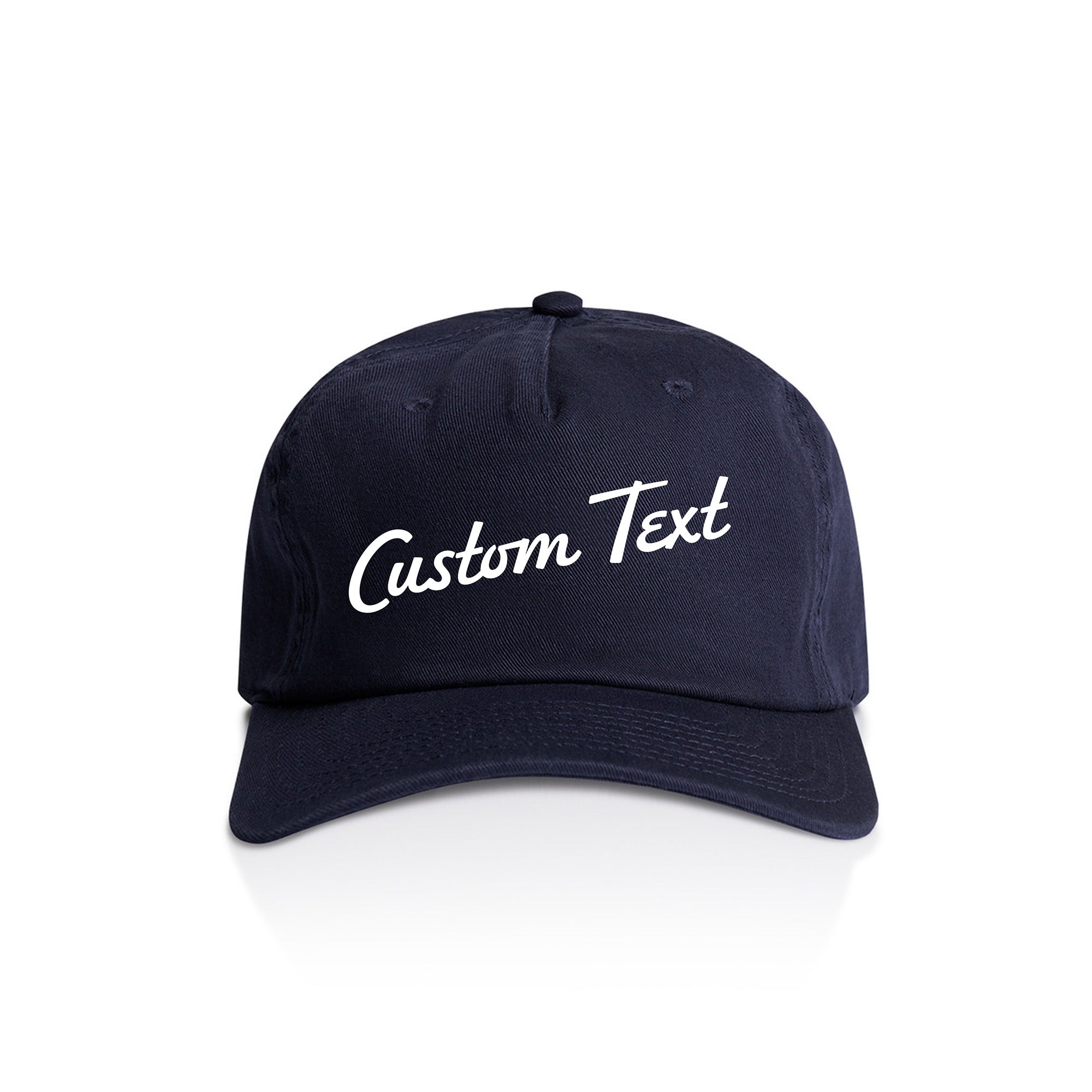Customizable navy blue cap with 'Custom Text' in white on a white background