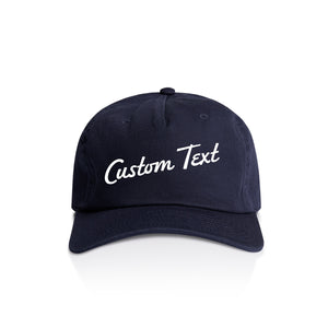 Customizable navy blue cap with 'Custom Text' in white on a white background