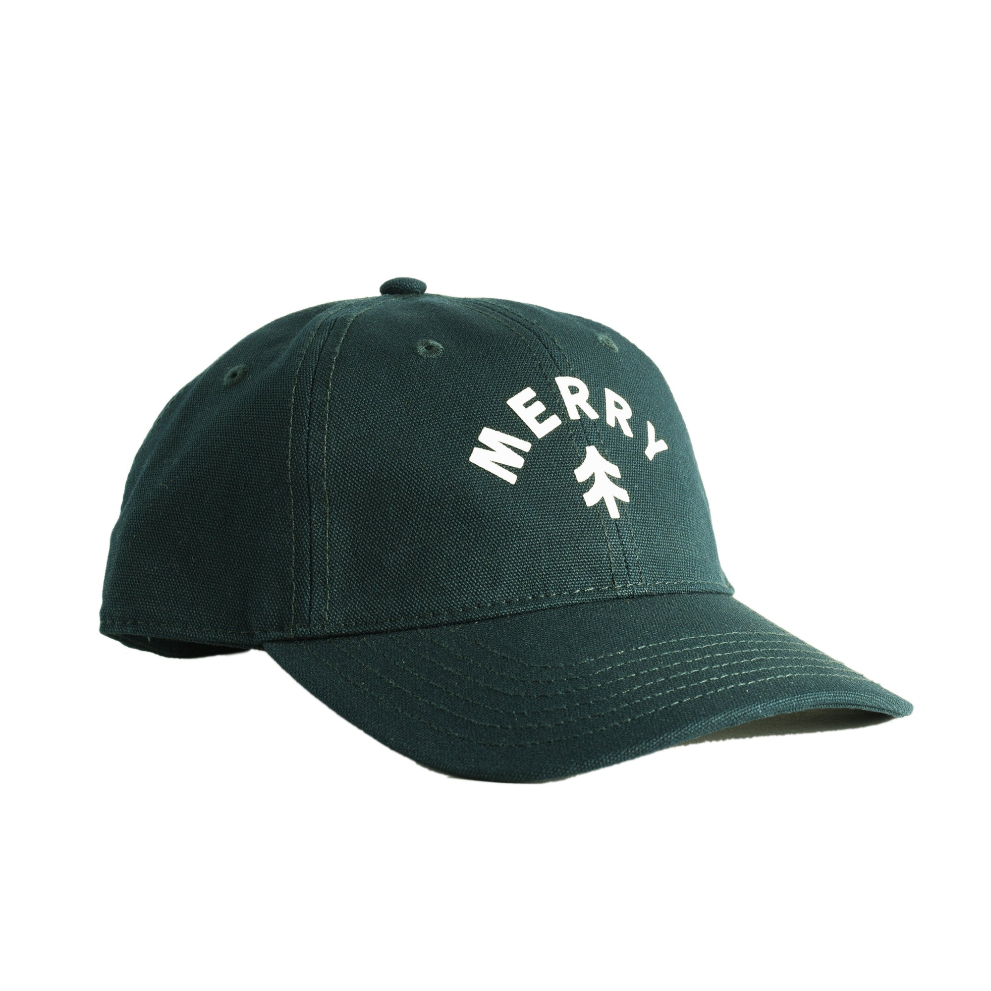 Green cap with 'Merry' and a tree graphic on a white background