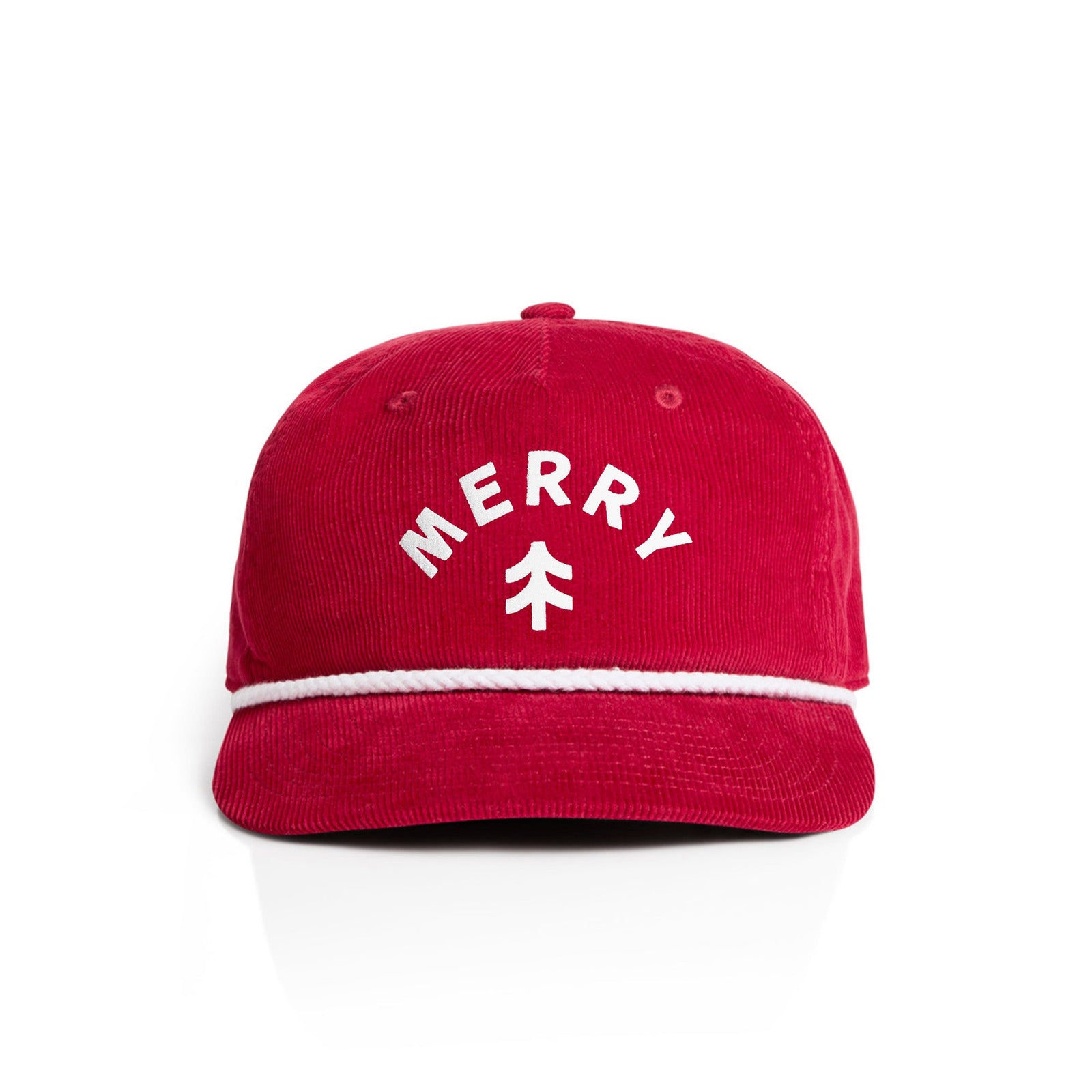 Red corduroy cap with 'MERRY' and a tree graphic on a white background