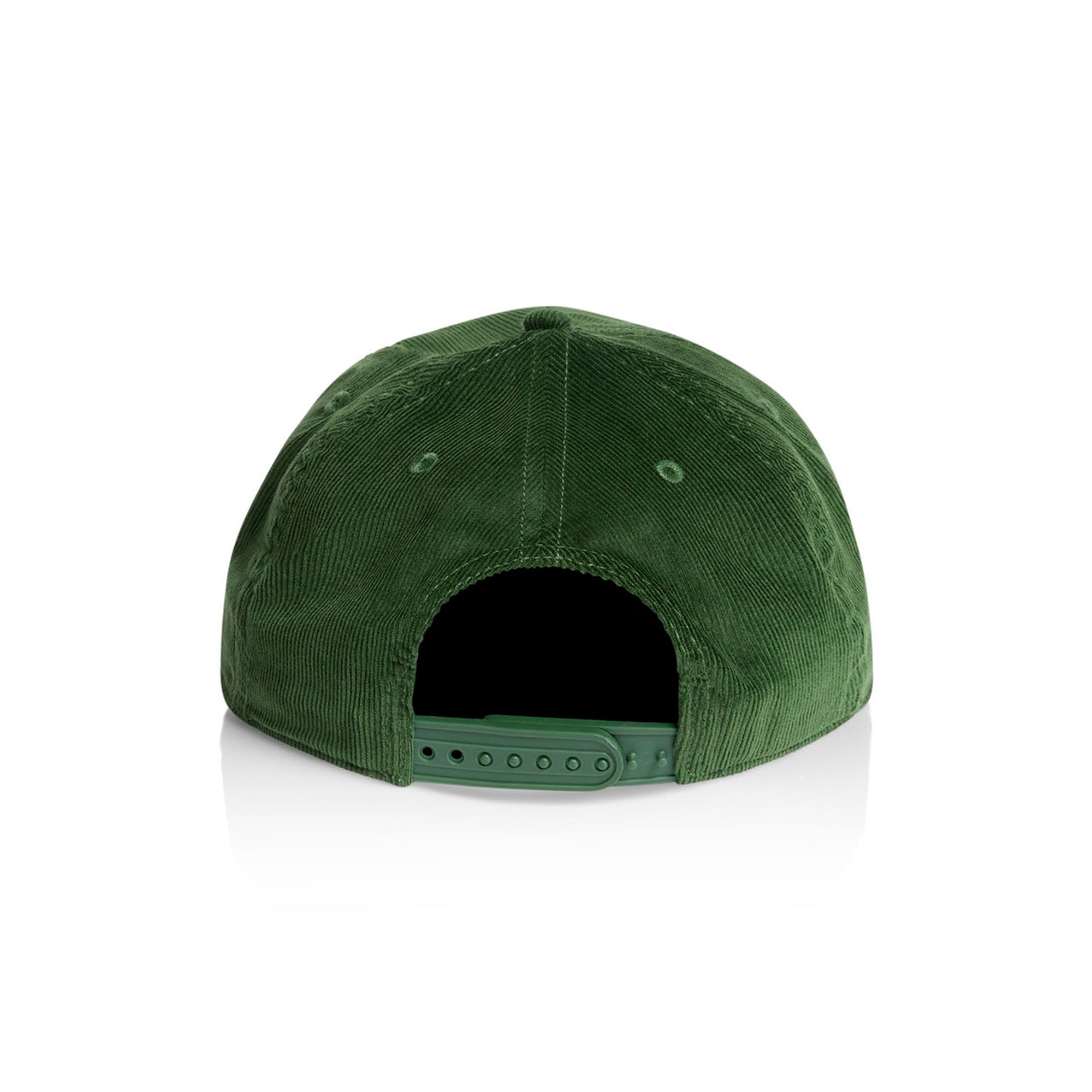 Back view of a green corduroy cap on a white background