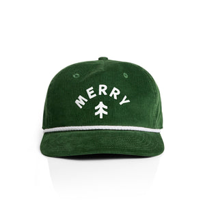 Green corduroy cap with 'MERRY' and a tree logo on a white background