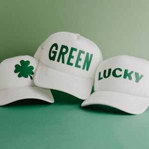 St. Patrick's Day 4 Leaf Clover Recycled Trucker Hat - snow